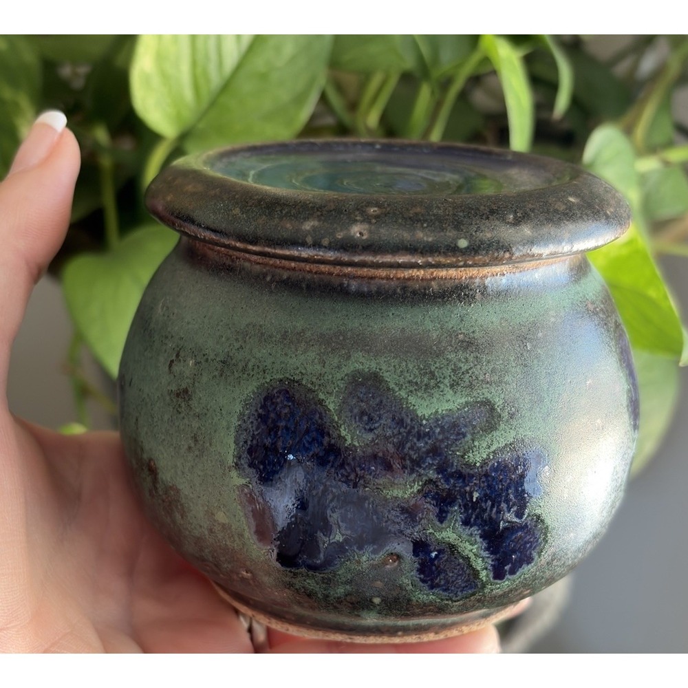 Folk Art Studio Pottery Lidded Jar Green Blue Glazed Stoneware Handmade Rustic